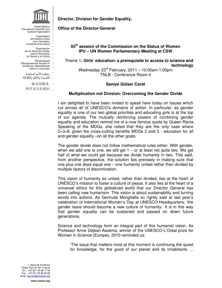 director division for gender equality office of the