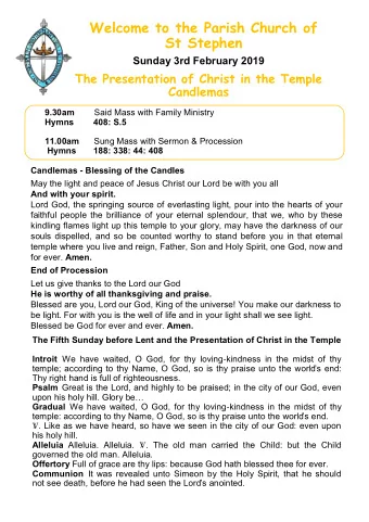 St Stephen Sunday 3rd February 2019 The Presentation of Christ in the Temple Candlemas 9.30am Said