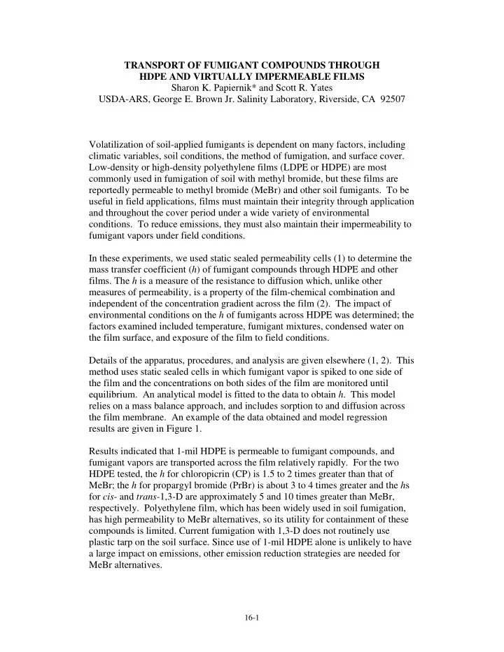 transport of fumigant compounds through hdpe and