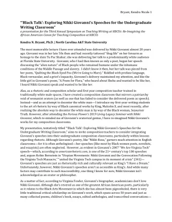 Black Talk: Exploring Nikki Giovannis Speeches for the Undergraduate Writing Classroom