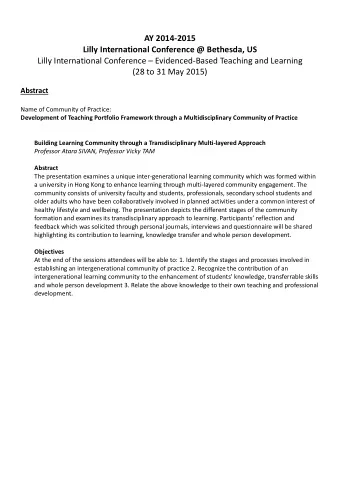 AY 2014-2015  Lilly International Conference @ Bethesda, US  Lilly International Conference