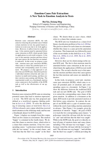 Emotion-Cause Pair Extraction:  A New Task to Emotion Analysis in Texts  Rui Xia, Zixiang Ding