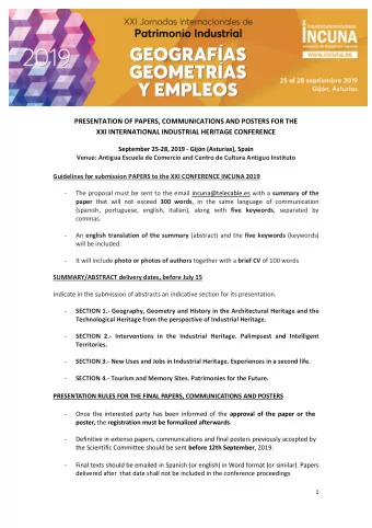 PRESENTATION OF PAPERS, COMMUNICATIONS AND POSTERS FOR THE  XXI INTERNATIONAL INDUSTRIAL HERITAGE