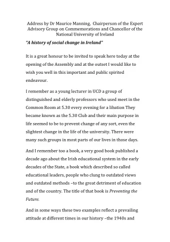 Address by Dr Maurice Manning,  Chairperson of the Expert  Advisory Group on Commemorations and