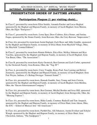 PRESENTATION ORDER OF DAYTIME AWARDS  Participation Plaques (1 per visiting choir)  In Class C,