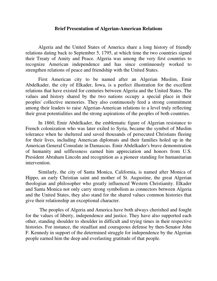 brief presentation of algerian american relations algeria