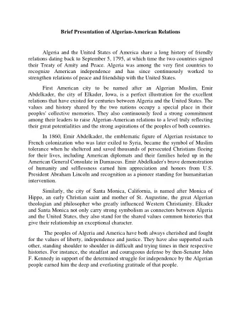 Brief Presentation of Algerian-American Relations  Algeria and the United States of America share a