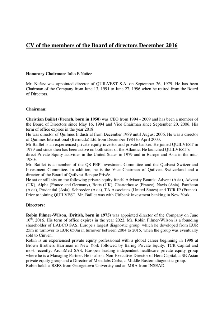 cv of the members of the board of directors december 2016