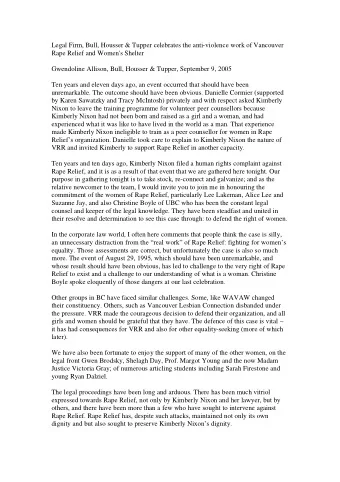 Legal Firm, Bull, Housser &amp; Tupper celebrates the anti-violence work of Vancouver  Rape Relief