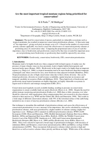 Are the most important tropical montane regions being prioritised for  conservation? K E Parks 1,2