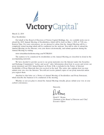 March 22, 2019  Dear Stockholder:  On behalf of the Board of Directors of Victory Capital Holdings,