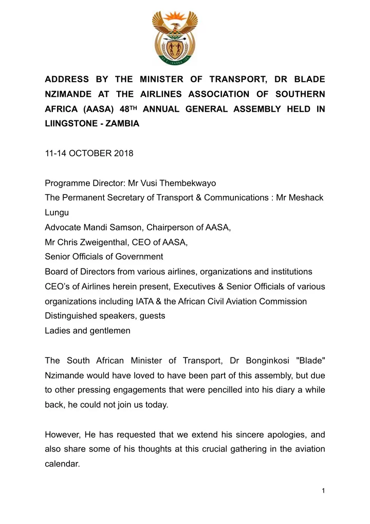 address by the minister of transport dr blade nzimande at