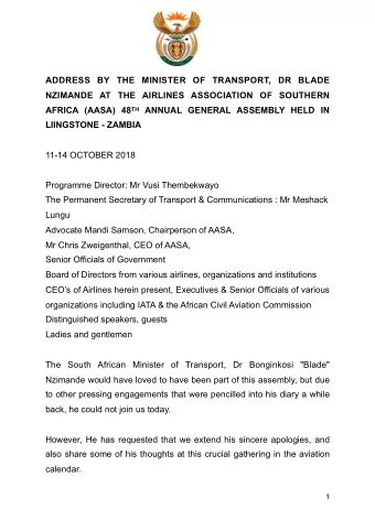 ADDRESS BY THE MINISTER OF TRANSPORT, DR BLADE  NZIMANDE AT THE AIRLINES ASSOCIATION OF SOUTHERN