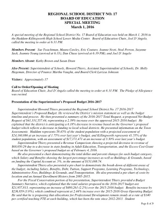 REGIONAL SCHOOL DISTRICT NO. 17  BOARD OF EDUCATION  SPECIAL MEETING  March 1, 2016  A special