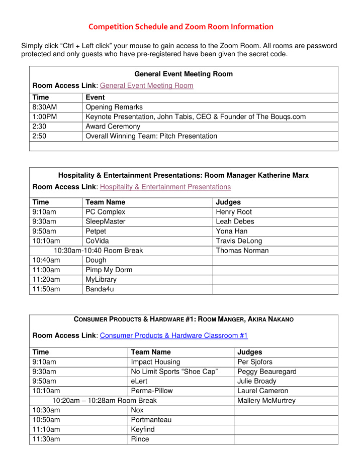 competition schedule and zoom room information simply