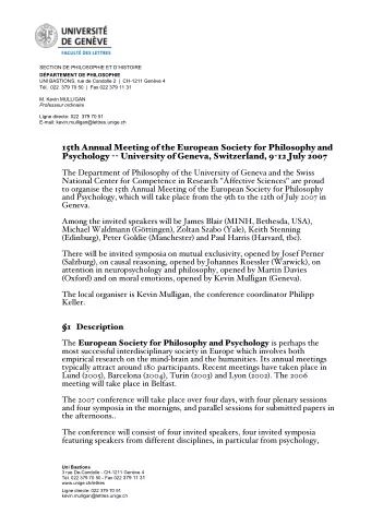 15th Annual Meeting of the European Society for Philosophy and Psychology -- University of Geneva,