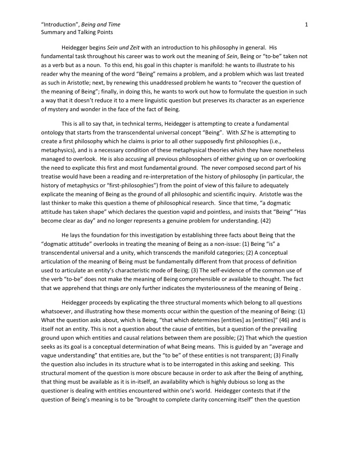 introduction being and time 1 summary and talking points