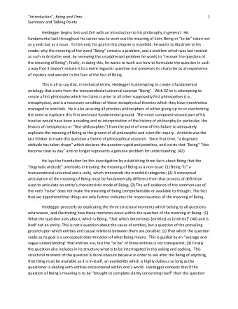 Introduction  , Being and Time  1  Summary and Talking Points Heidegger begins Sein und Zeit