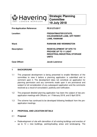 Strategic Planning  Committee  19 July 2018  Pre-Application Reference:  PE/01273/2017  Location: