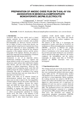 PREPARATION OF ANODIC OXIDE FILM ON TI-6AL-4V VIA  ANODIZATION IN MONOCALCIUMPHOSPHATE  MONOHYDRATE