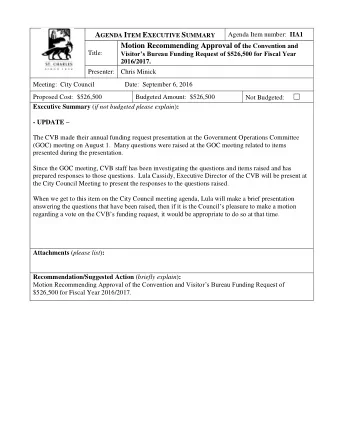 A GENDA I TEM E XECUTIVE S UMMARY Agenda Item number: IIA1 Motion Recommending Approval of the