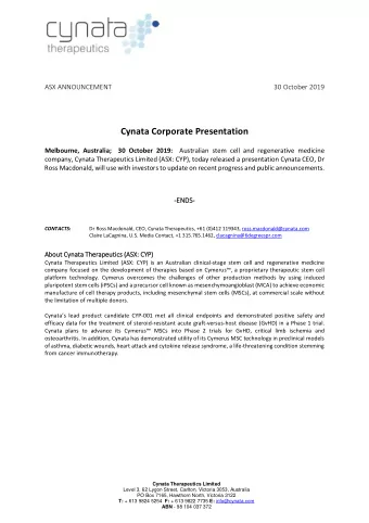 Cynata Corporate Presentation Melbourne, Australia;  30 October 2019: Australian stem cell and