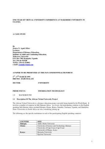 ONE YEAR OF VIRTUAL UNIVERSITY EXPERIENCE AT MAKERERE UNIVERSITY IN  UGANDA  A CASE STUDY  By