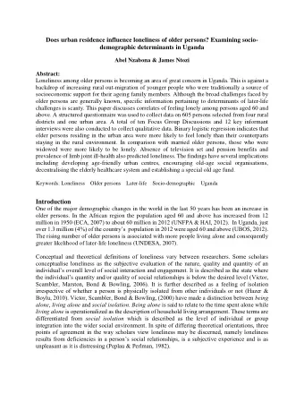 Does urban residence influence loneliness of older persons? Examining socio-  demographic