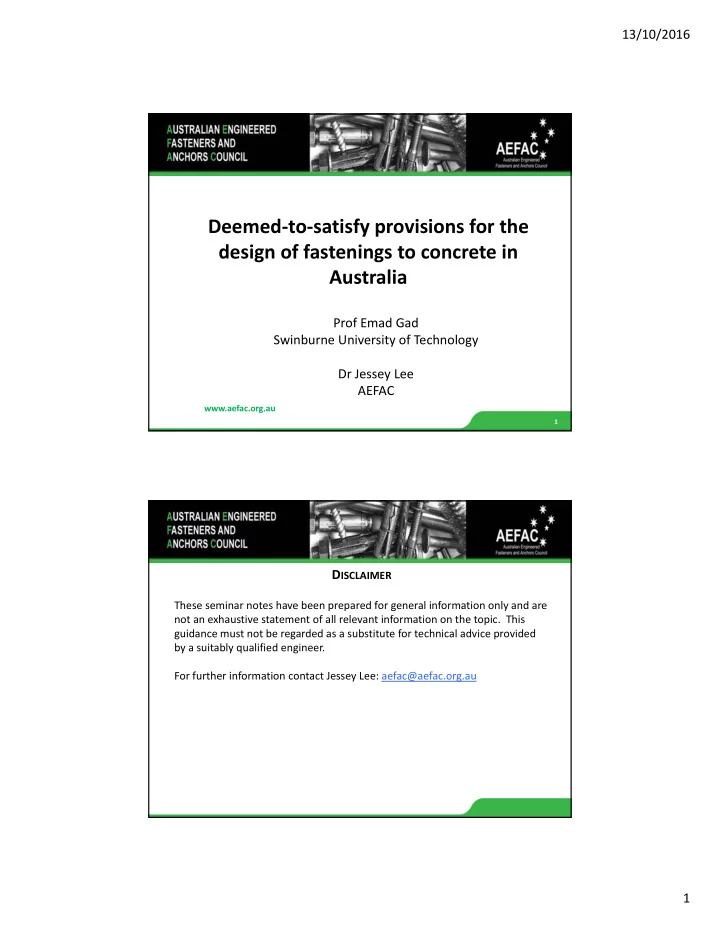 deemed to satisfy provisions for the design of fastenings