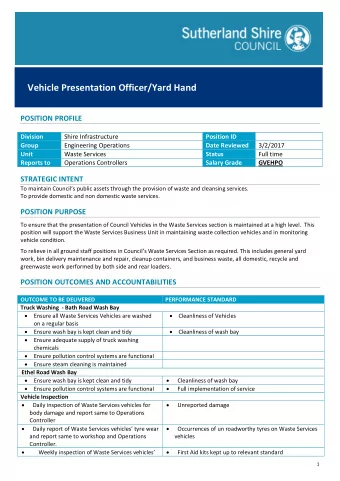 Vehicle Presentation Officer/Yard Hand  POSITION PROFILE  Division  Shire Infrastructure  Position