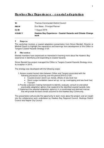 Hawke s Bay E  xpe r  ie nc e  -  c oastal adaptation  Mem o I  nform a tion O Thames-Coromandel