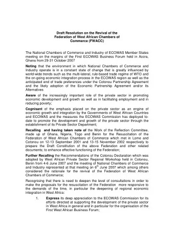 Draft Resolution on the Revival of the  Federation of West African Chambers of  Commerce (FWACC)