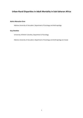 Urban-Rural Disparities in Adult Mortality in Sub-Saharan Africa  Ashira Menashe-Oren  Hebrew