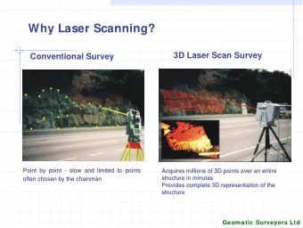 Why Laser Scanning?  3D Laser Scan Survey  Conventional Survey  Point by point  Point by point -  -