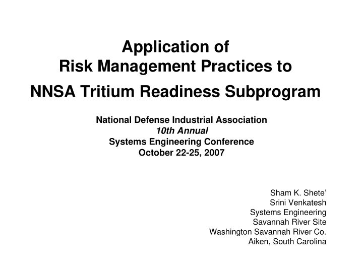 application of risk management practices to nnsa tritium