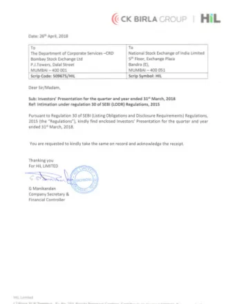 HIL Limited  Q4 &amp; FY18 Results presentation  Disclaimer  Cautionary statement regarding