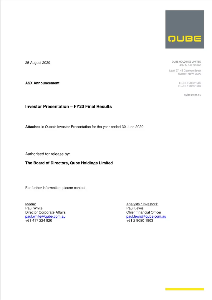 25 august 2020 asx announcement investor presentation