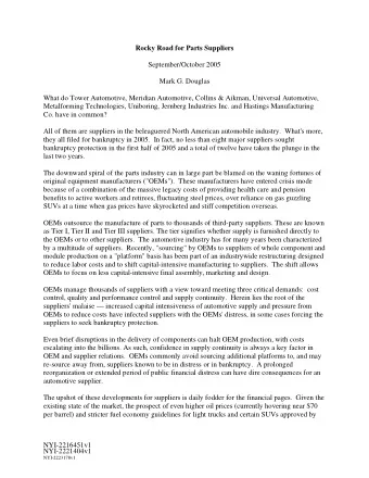 Rocky Road for Parts Suppliers  September/October 2005  Mark G. Douglas  What do Tower Automotive,