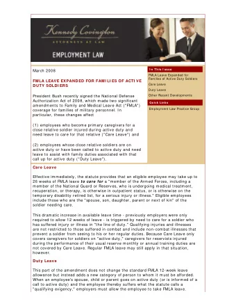 March 2008  FMLA Leave Expanded for  Families of Active Duty Soldiers  FMLA LEAVE EXPANDED FOR FAMI