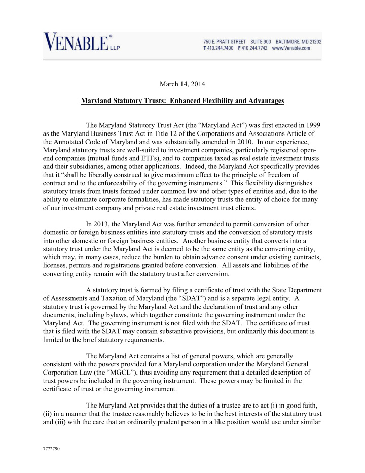march 14 2014 maryland statutory trusts enhanced