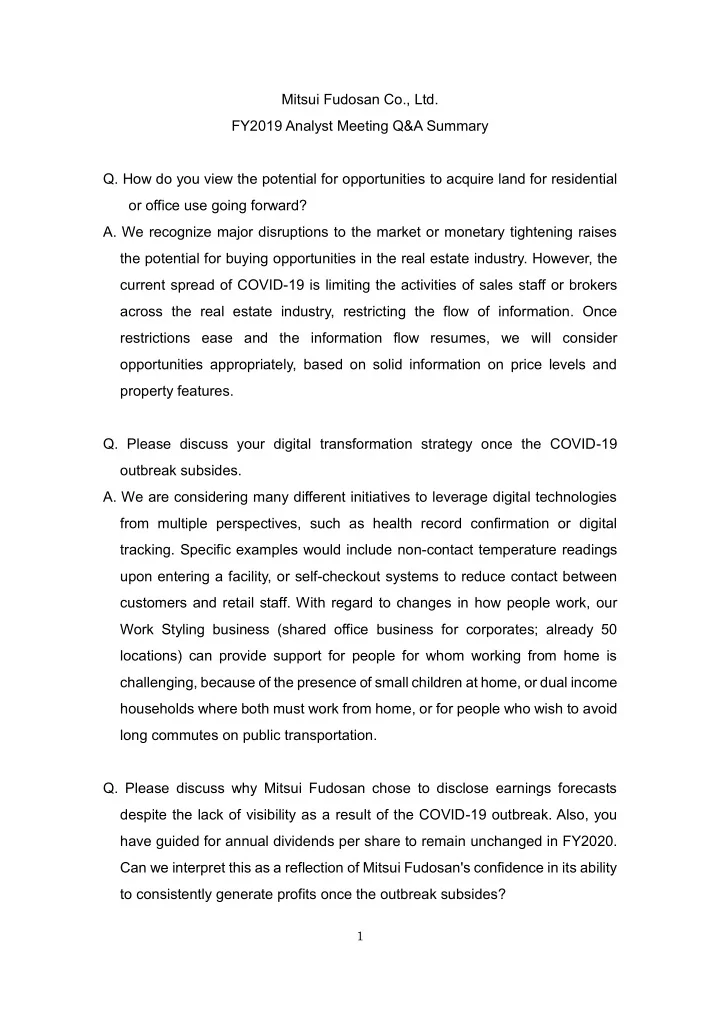 mitsui fudosan co ltd fy2019 analyst meeting q amp a