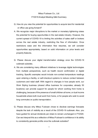 Mitsui Fudosan Co., Ltd. FY2019 Analyst Meeting Q&amp;A Summary  Q. How do you view the potential