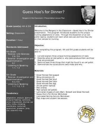 Guess Hoos for Dinner? Rangers in the ClassroomPresentation Lesson Plan Grade Level(s): 4th