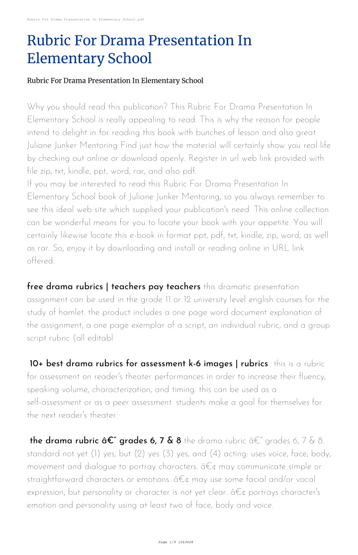 rubric for drama presentation in elementary school