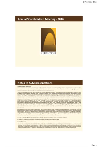 Annual Shareholders Meeting - 2016  Notes to ASM presentations  FORWARD-LOOKING STATEMENTS There