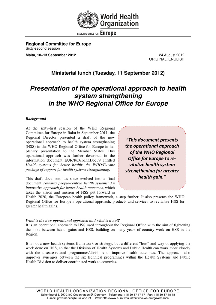 presentation of the operational approach to health system