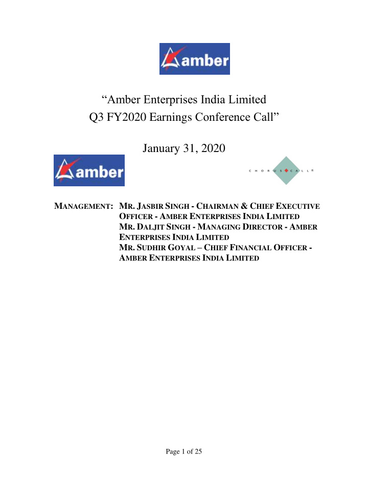 amber enterprises india limited q3 fy2020 earnings