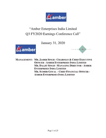 Amber Enterprises India Limited Q3 FY2020 Earnings Conference Call  January 31, 2020 M