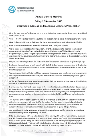 For personal use only  Chairmans Address and Managing Directors Presentation  Over the past