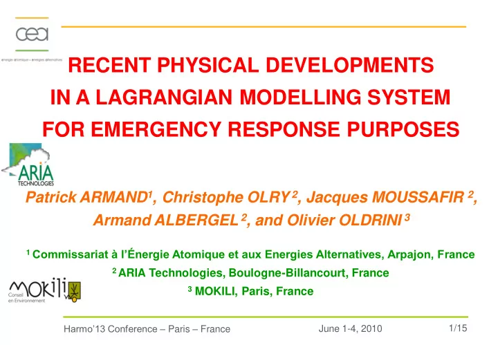 in a lagrangian modelling system for emergency response